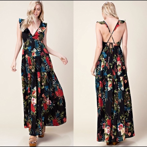 Floral Plunging Ruffle V-Neck Maxi Dress - Picture 2 of 7